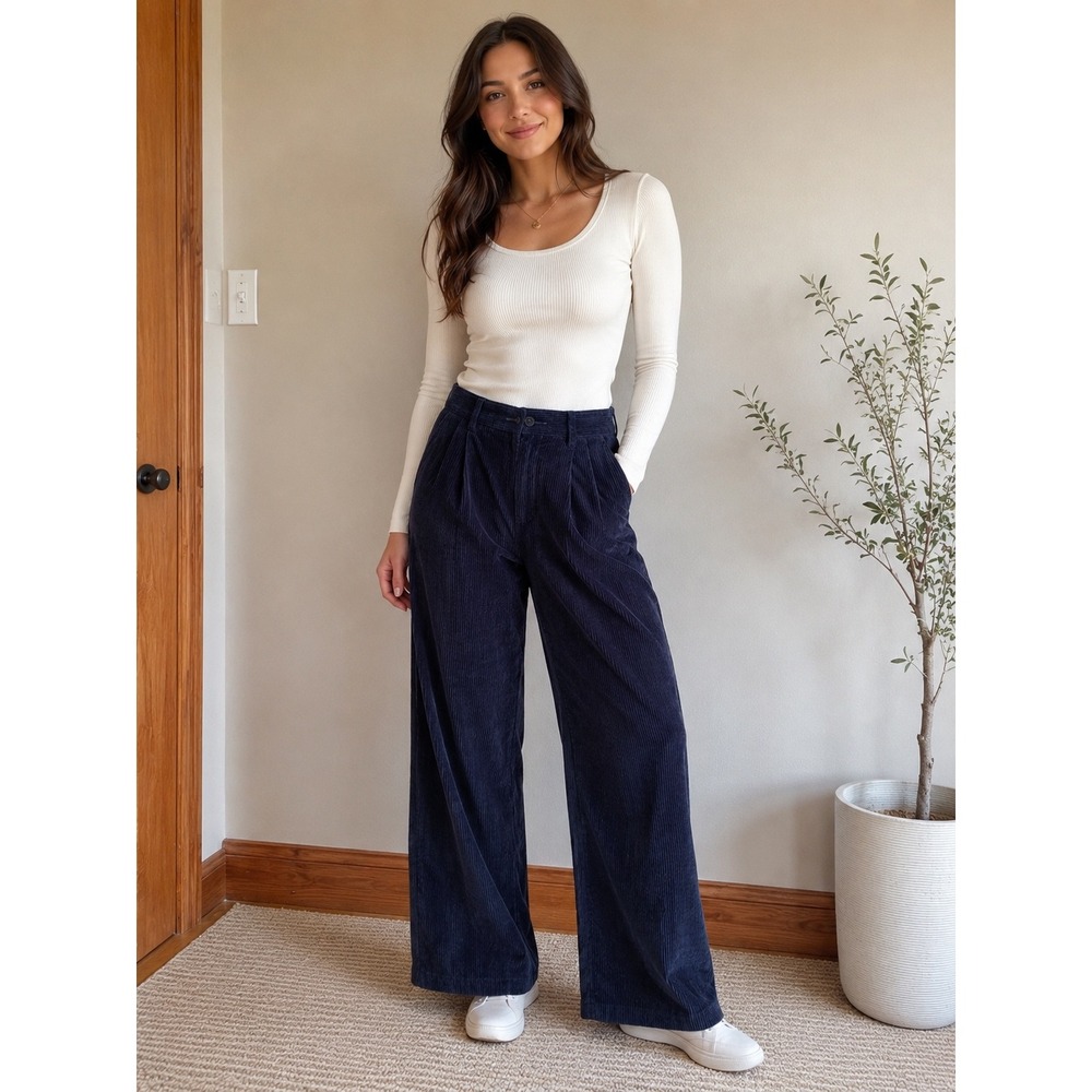 Everlane Corduroy Wide Leg Pants Women's 4 Navy Blue High Rise Pleated Trousers